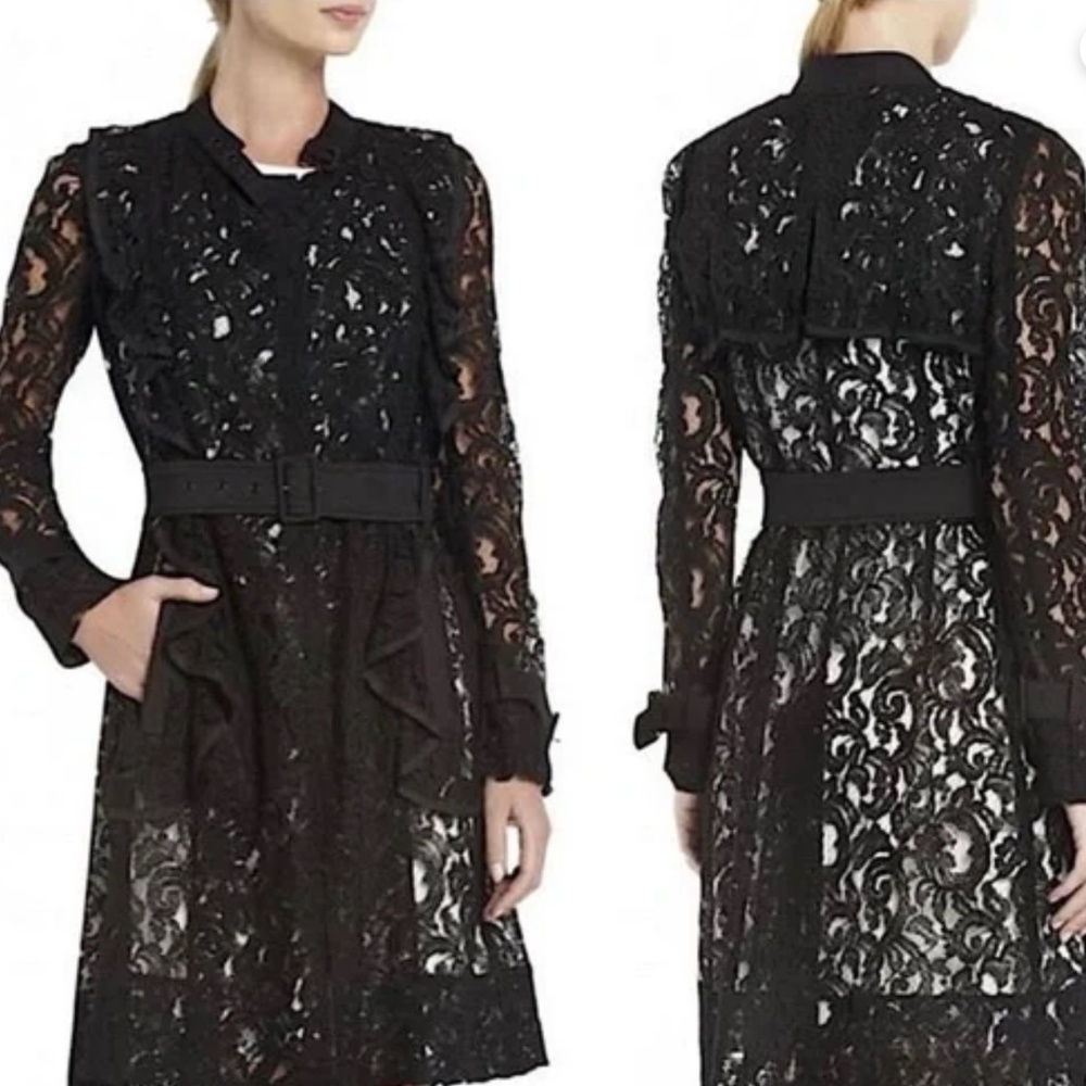 Black Lace Belted Trench Dress / Coat Size XS - Picture 2 of 14